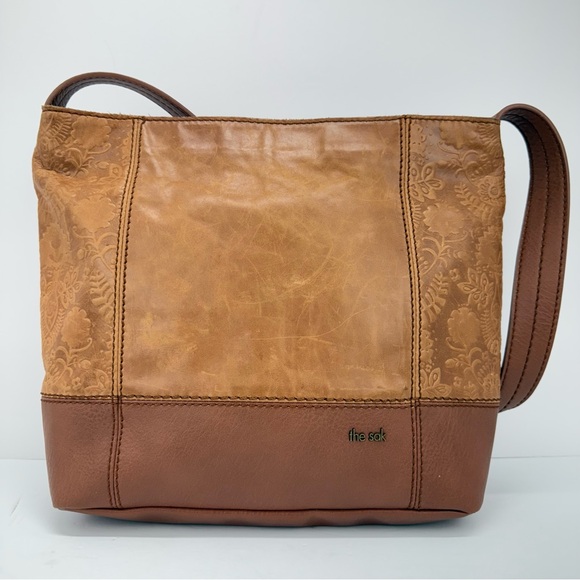 The Sak Tan Leather Floral Embossed De Young Hobo Shoulder Bag - Picture 1 of 12